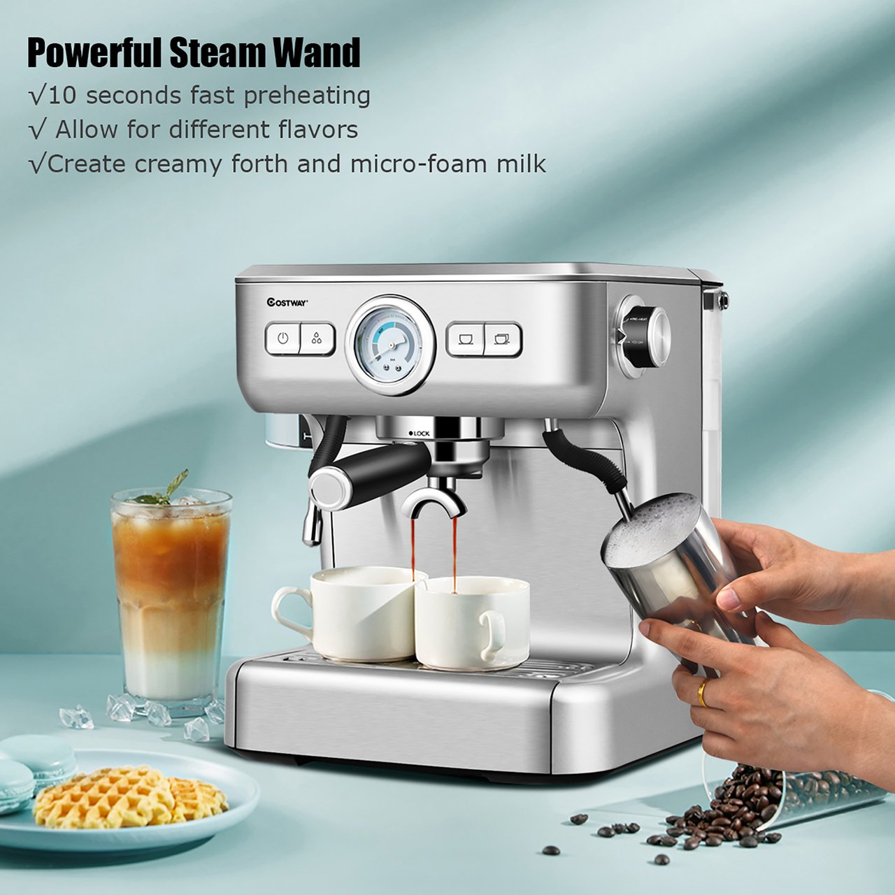 Costway Semi-Auto Espresso Machine Maker Water Tank Pump Pressure w/ Milk Frother Wand