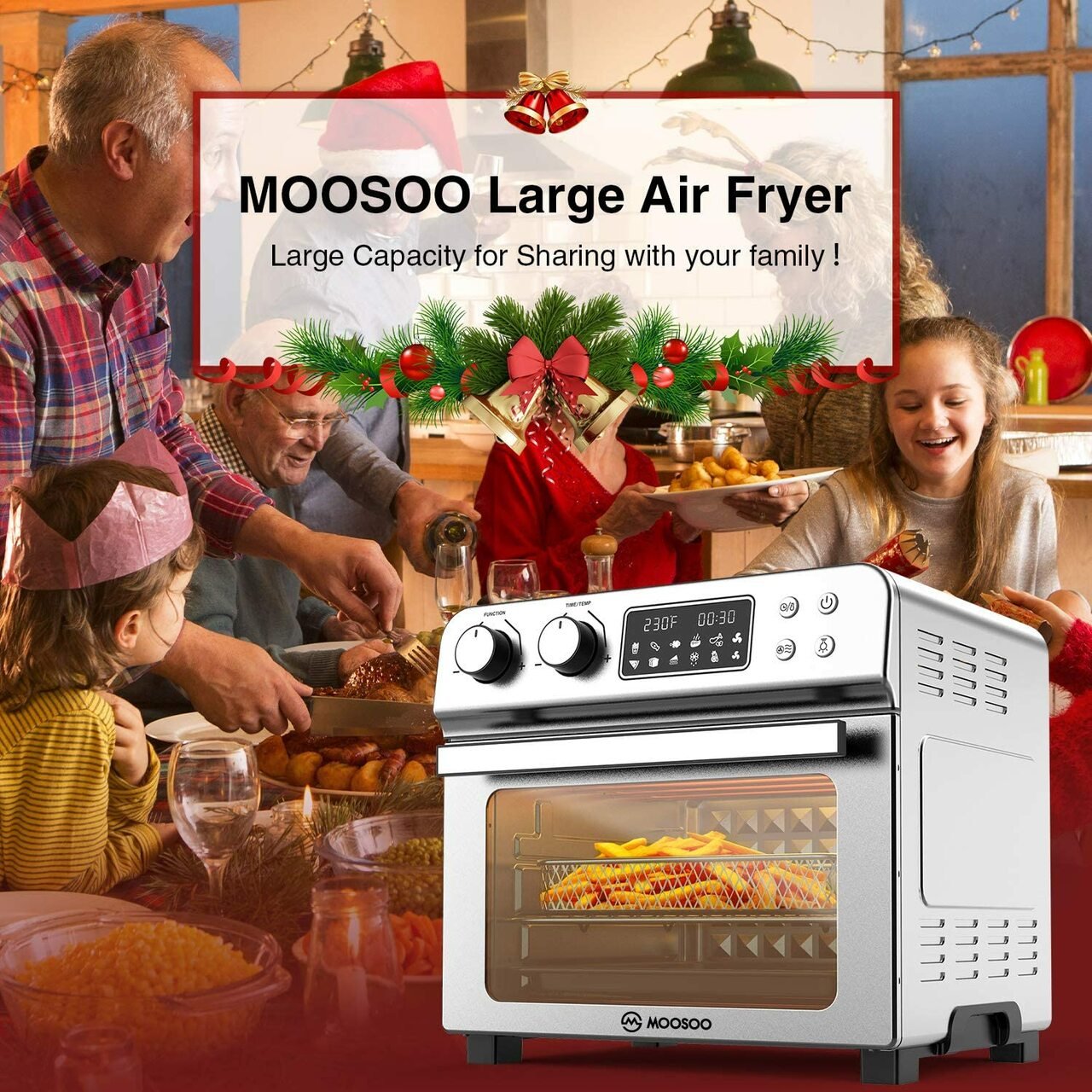Moosoo 10-in-1 Air Fryer Oven 24.3QT Capacity Toaster Oven Stainless Steel with Air Fryer Cookbook