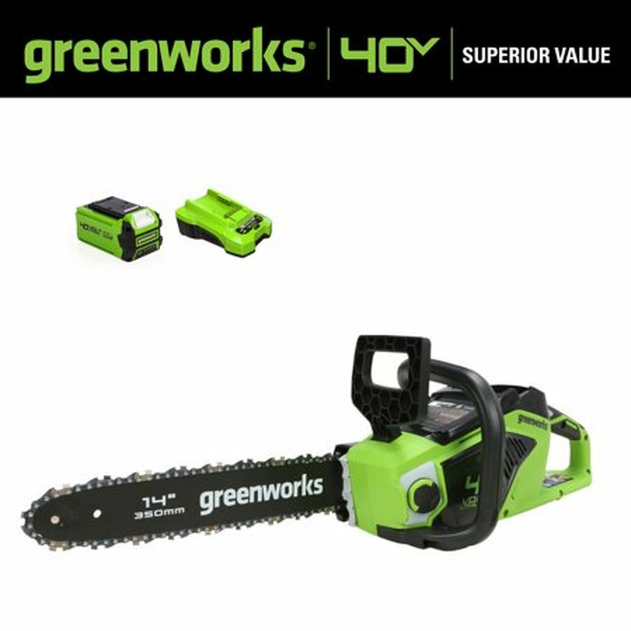 Greenworks 40V 14 in. Cordless Chainsaw with 2.5Ah Battery and Charger, 2012802