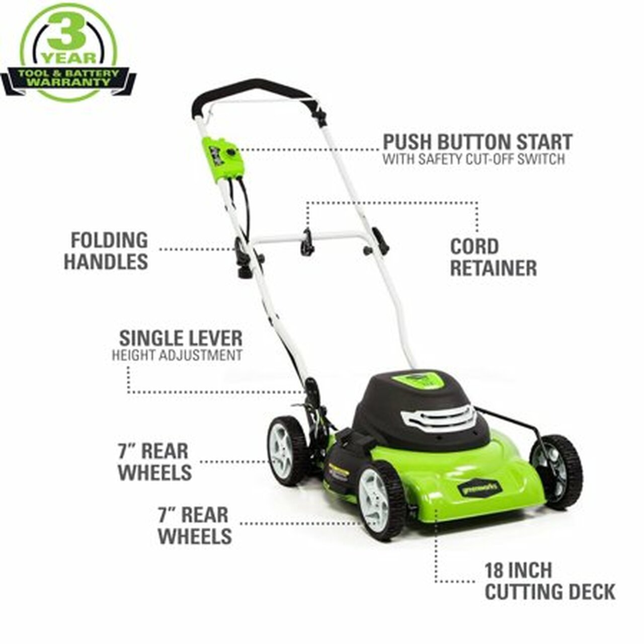 Greenworks 12 Amp 18 in. Corded Electric Push Lawn Mower, 25012
