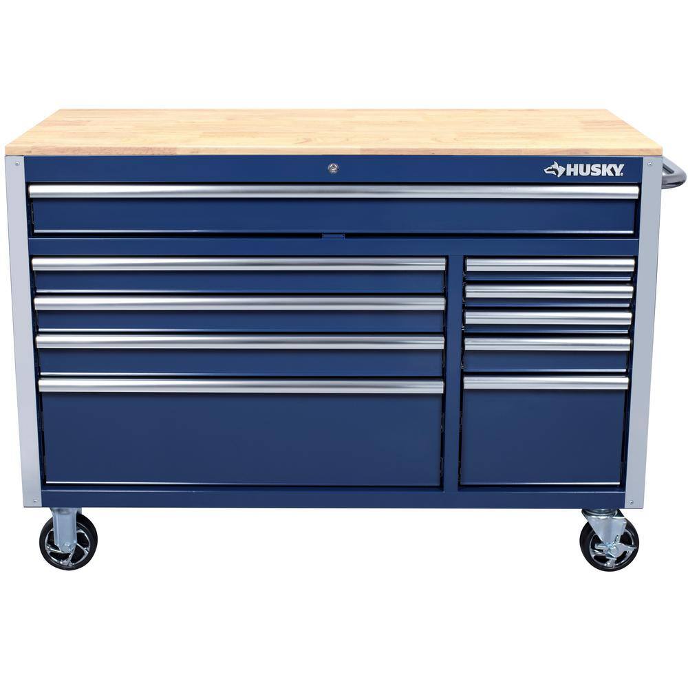52 in. W x 24.5 in. D 10-Drawer Blue Mobile Workbench with Solid Wood Top