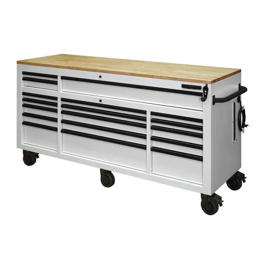 72 in. 18-Drawer Mobile Workbench with Adjustable-Height Solid Wood Top in Matte White
