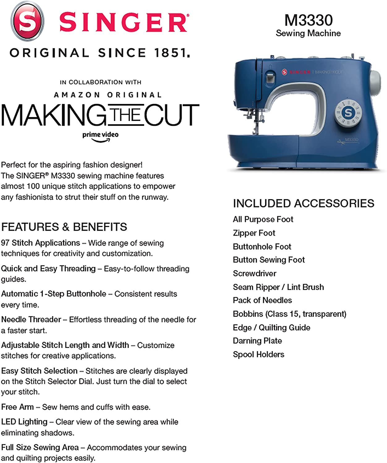SINGER | M3330 Making The Cut Sewing Machine with 97 Stitch Applications, Blue