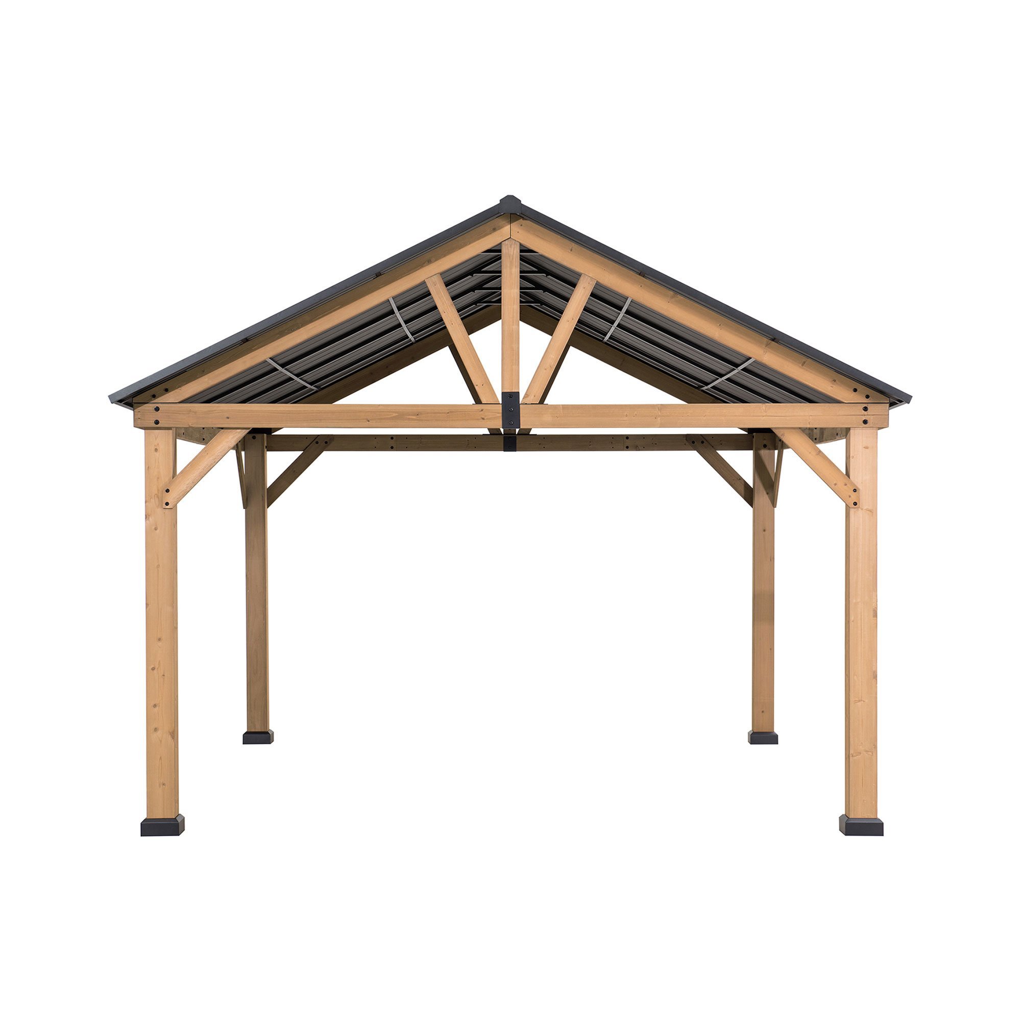 Sunjoy Matte-Black 11 ft. x 13 ft. Cedar Framed Gazebo with Hook and Steel Roof