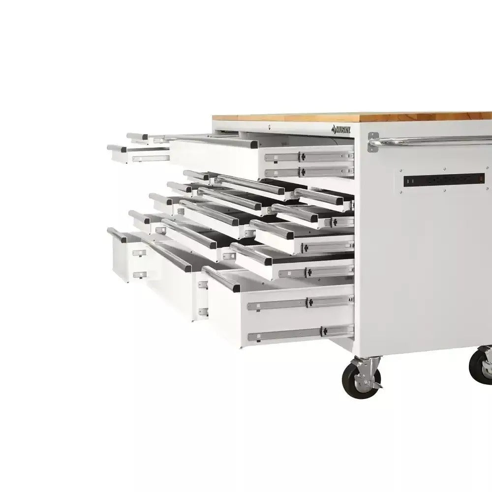72 in. 18-Drawer Mobile Workbench with Solid Wood Top in Gloss White