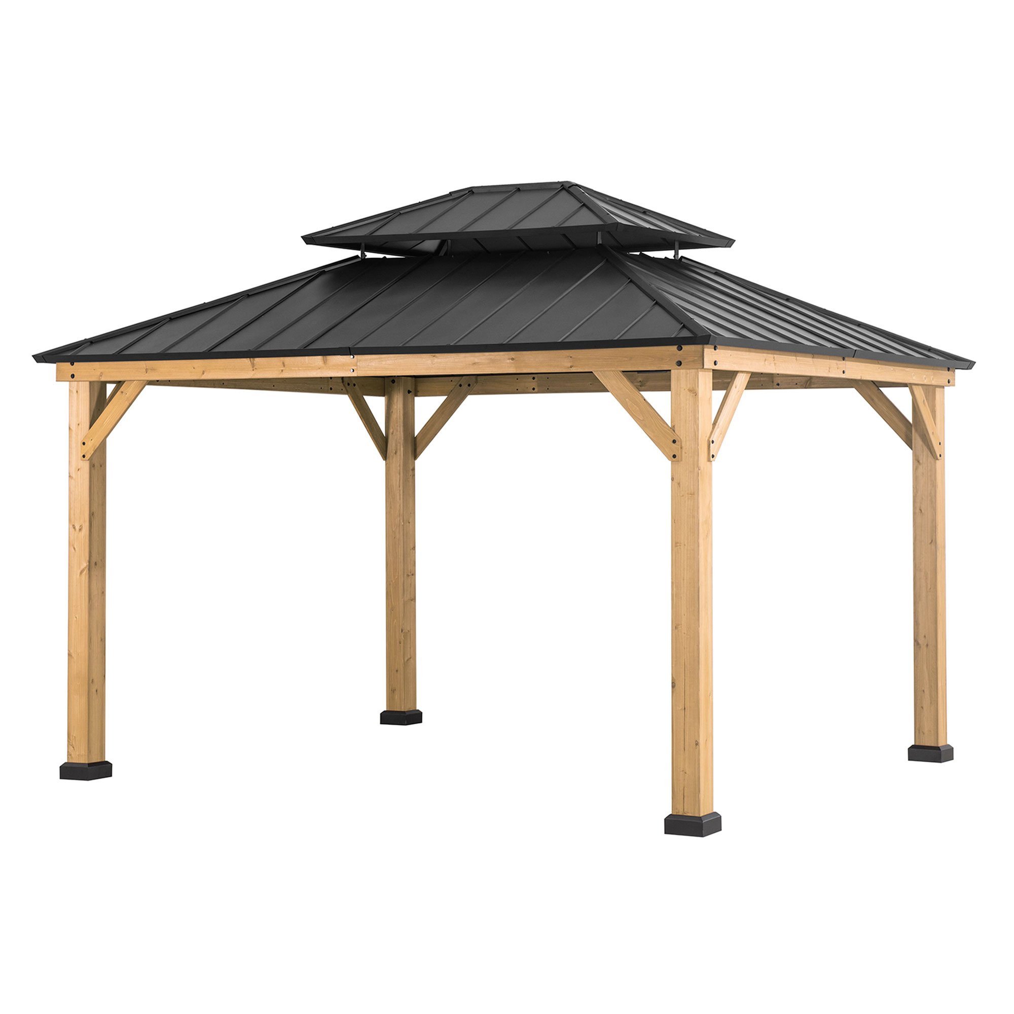 Sunjoy Black Archwood 11 ft. x 13 ft. Cedar Framed Gazebo with Hook and Steel Roof