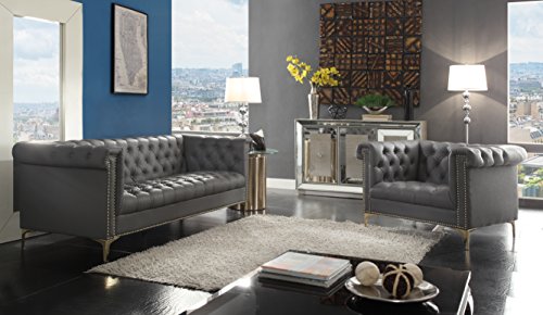 Iconic Home Winston Modern Tufted Gold Nail Head Trim Grey PU Leather Sofa with Gold Tone Metal Y-Legs