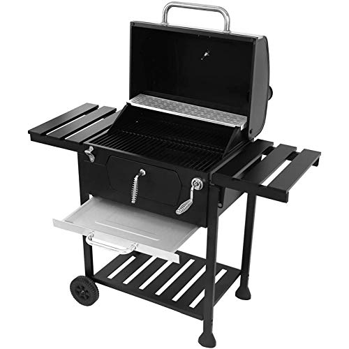 AEU Foldable Charcoal BBQ Grill Portable Outdoor Smoker Grill Camping Grill, 2 Wheels, 2 Foldable Side Tables, Chimney, Integrated Thermometer, Height-Adjustable Fireplace, Ventilation System