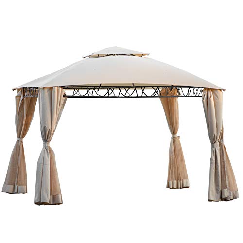 Fonzci 12x10FT Outdoor Canopy Gazebo Double Tiered Grill Canopy with Netting & Shade Curtains, Outdoor Patio Garden Gazebo Tent for Party Front Porch Sand (Beige)