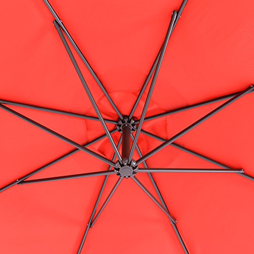 Sun-Ray 811045 10' Round Cantilever 8-Rib Offset Solar Patio Umbrella, 24 LED Lights, Crank with Adjustable Tilt, Cross Base, Aluminum Frame, Scarlet/Red