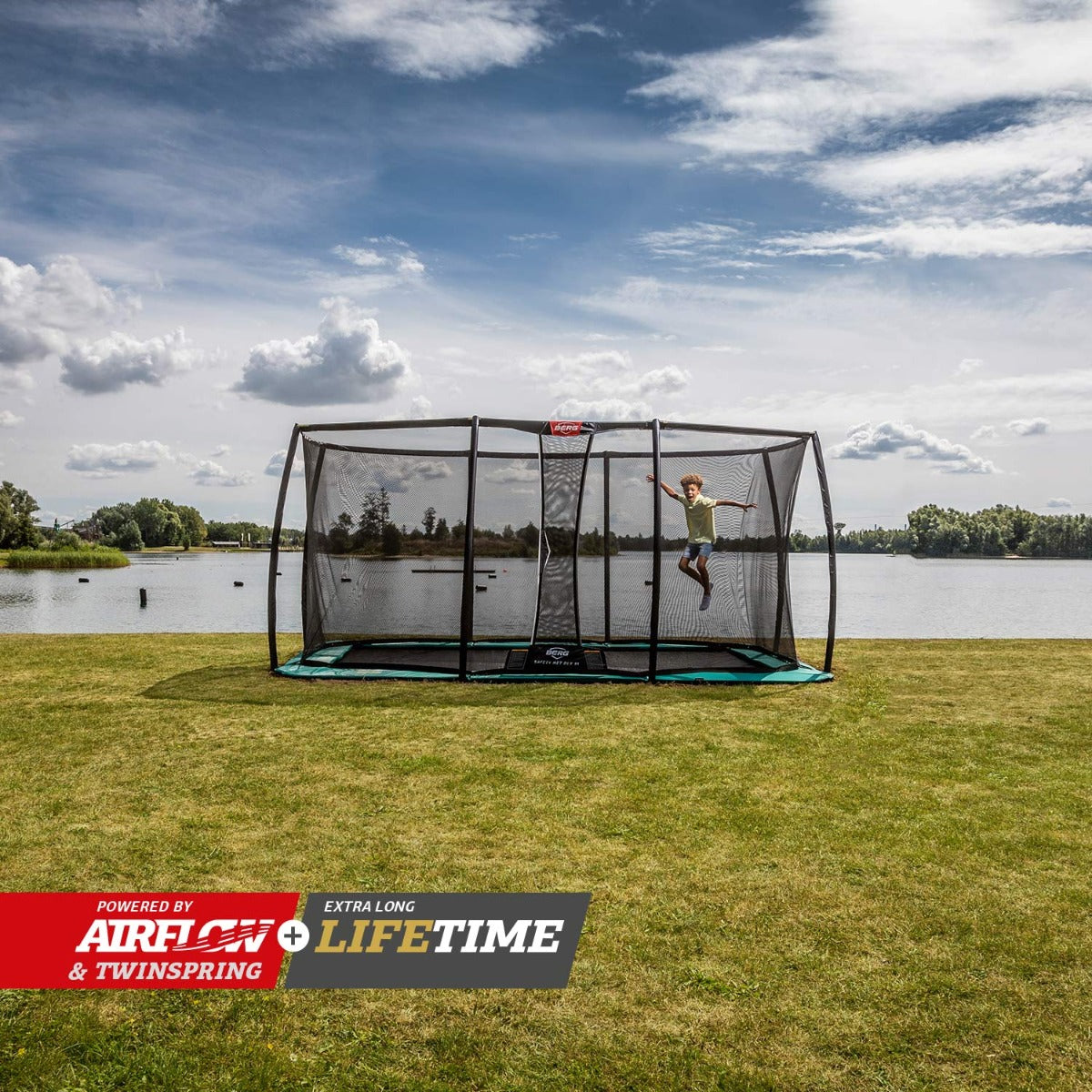 Berg 16ft Ultim Champion Flat Ground Trampoline with Extra Large Deluxe Safety Net