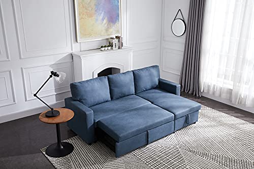 Tmosi Reversible Sleeper Sectional Sofa with Pull-Out Couch Sleeper, L Shaped Corner Sofas Bed with Storage Chaise, Living Room Furniture Set (Blue)