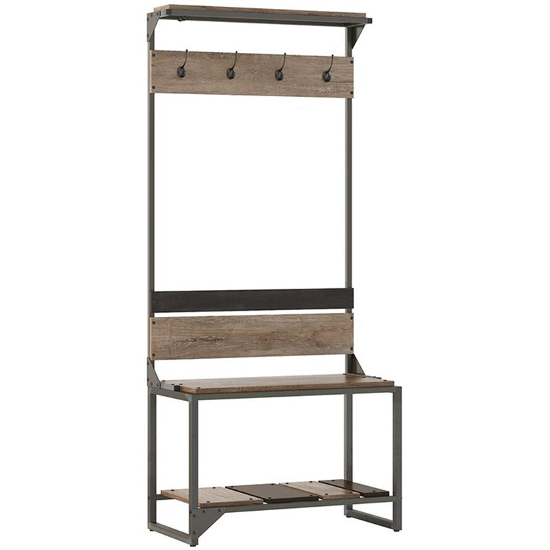 Hall Tree with Shoe Storage Bench in Rustic Gray - Engineered Wood