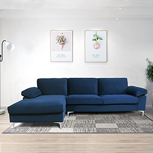STARTO Upholstered Modern Velvet Sectional Sofa Furniture Sets, L-Shape Corner Couch with Extra Wide Chaise Loung for Living Room, Navy Blue