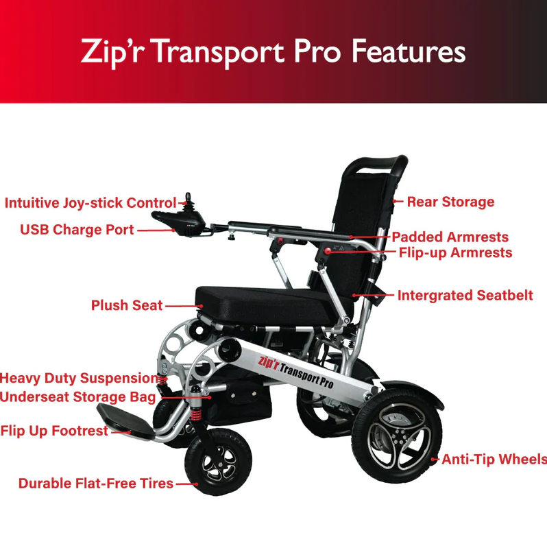 Zip’r ZIP13SLV Transport Pro Folding Electric Wheelchair Silver New
