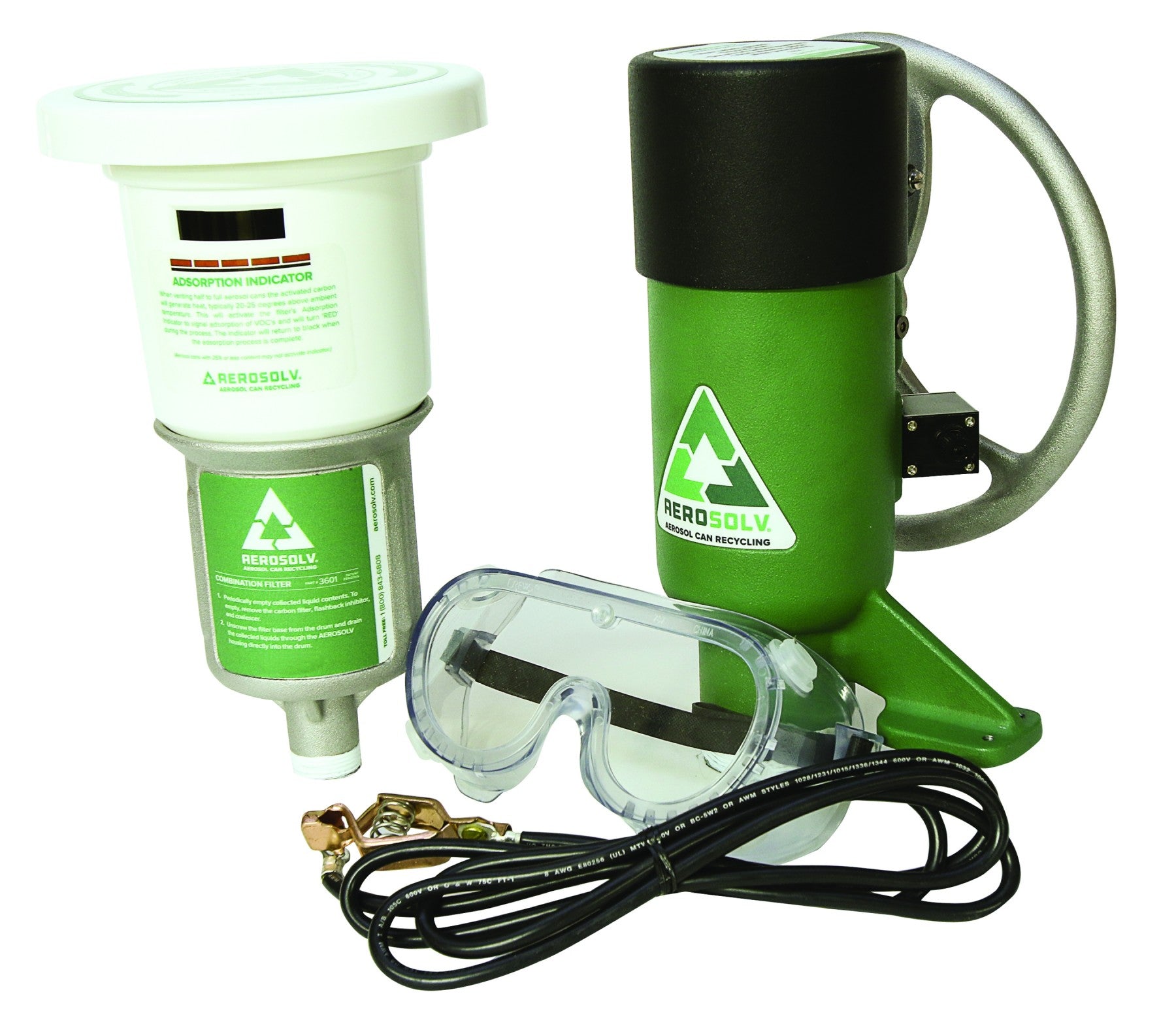 Justrite Aerosolv® 360 System for Recycling Aerosol Cans, Premium Puncturing Unit, High-Efficiency Filter, Wire, and Goggles