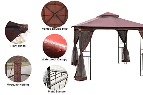 LUCKYBERRY Gazebos Patio 10' x 10' with Mosquito Netting, Brown