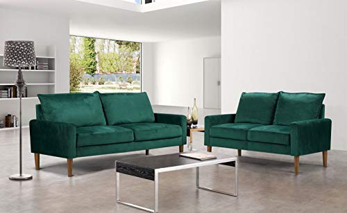 Container Furniture Direct Petit Mid Century Velvet Upholstered Living Room, Sofa & Loveseat Set, Lush Green