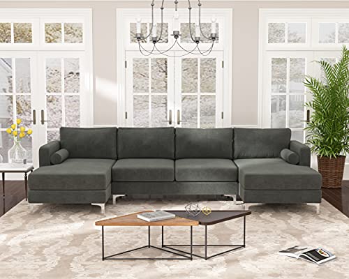 STARTO Modern Elegant Velvet Sectional Sofa Set, U-Shape Upholstered Couch with Double Extra Wide Chaise Lounge and Two Pillows for Living Room Apartment, Black