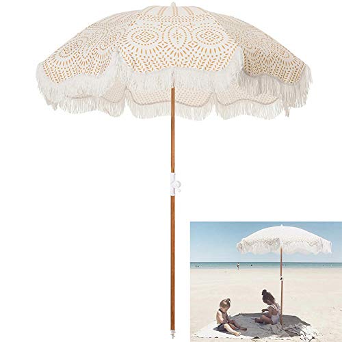 GAOYUN 6.5ft/2m Portable Beach Umbrella with Fringe, Sport Umbrella Outdoor Decoration with Tilt and Crank, Solid Wood Patio Umbrella