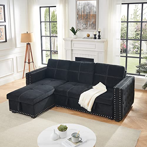 ATY Reversible Sectional Sofa with Storage Chaise, L-Shaped Sleeper Couch with Pulled Out Bed and Button Tufted Copper Nail Head Trim, Save Space, 91
