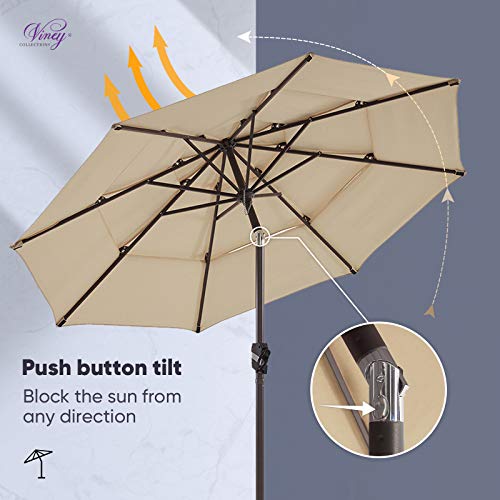 VINEY Deluxe Sunbrella 9 ft. 3 Tier Aluminum Market Umbrella Outdoor Patio Table Umbrellas | Aluminum Frame & Push Button Tilt | 5 Years Non-Fading Sunbrella 100% Acrylic Canopy Canvas Antique Beige