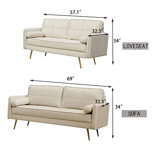 INSTORY Modern 2 Piece Sofa Set Velvet Loveseat & Sofa Set Tufted Loveseat & Couch Set Upholstered Living Room Furniture Set with Bolsters & Metal Legs for Living Room,Bedroom,Apartment,Dorm - Beige
