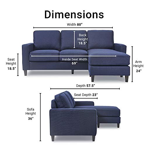 Serta Harmon Square Arm Reversible Sectional Sofa Living Room, Modern L-Shaped 3 Seat Fabric Couch, Dark Blue