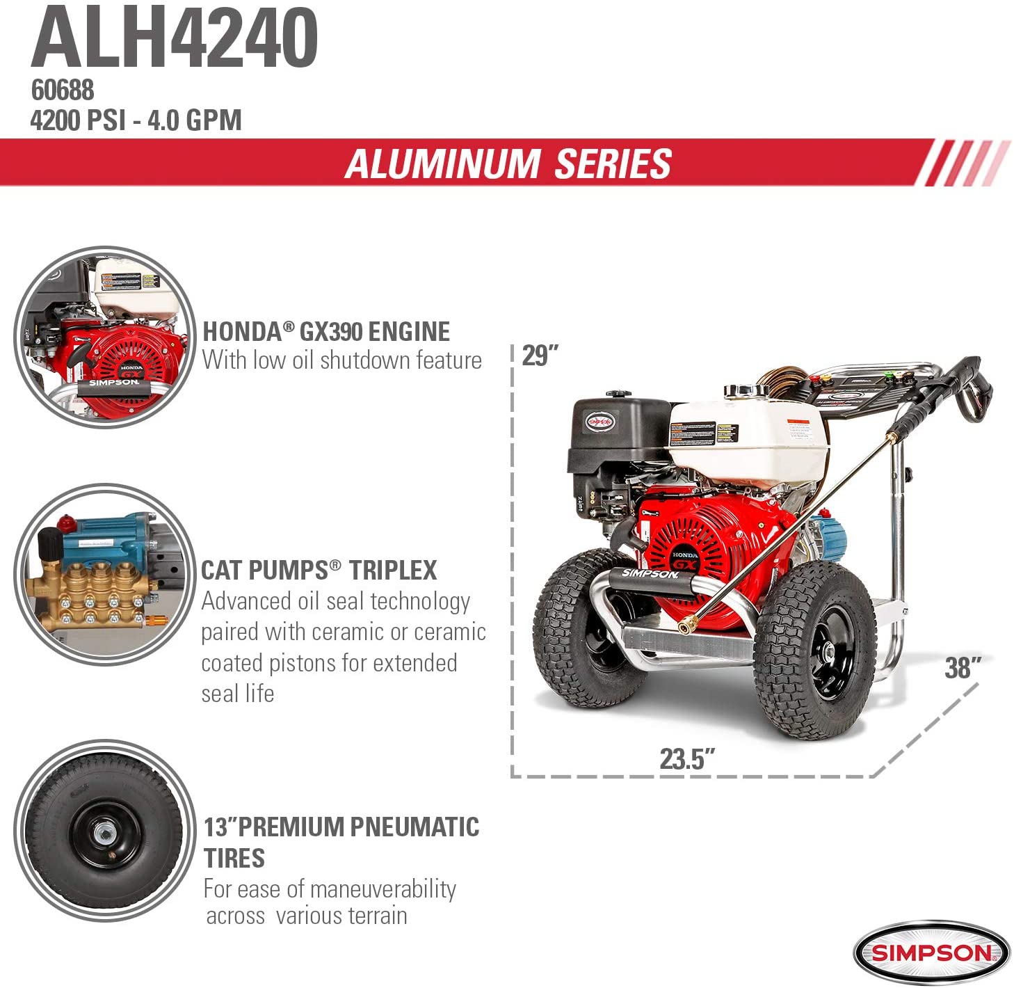 Simpson ALH4240 Aluminum CAT 4200 PSI 4.0 GPM Honda Gas Pressure Washer New