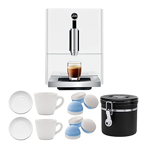 Jura A1 Automatic Coffee Machine (Piano White) with 2 Cup and Saucer Sets, Cleaning Tablets & Coffee Canister Bundle (5 Items)