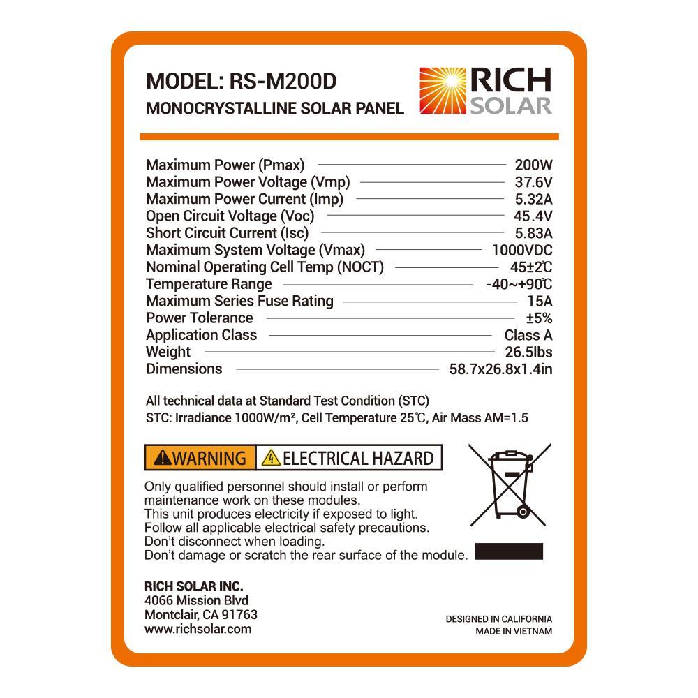 Rich Solar RS-M200D 200 Watt 24 Volt Solar Panel New