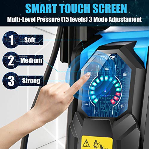TEANDE Electric Pressure Washer 3800 PSI Smart High Pressure Power Washer 2.8 GPM 1800W Powerful Cleaner Machine with Hose Reel, 4 Nozzles, Touch Screen 3 Gear Level,15 Level Pressure(Blue)