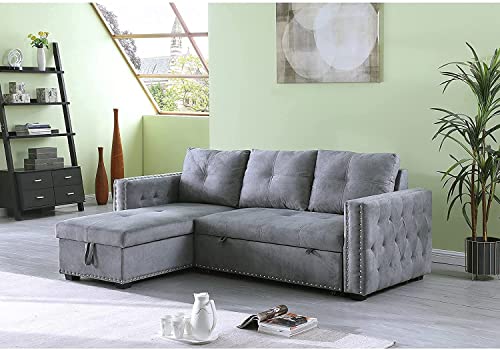 RINIMEI Velvet Modern Upholstered Sectional Sofa Convertible Pull-Out Sleeper Couch Bed Sofabed, Living Room Furniture Set L-Shaped Rivet Decor Corner Sofá W/Reversible Storage Chaise Lounge,Grey