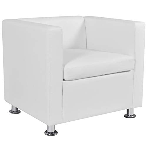 Living Room Furniture Set Cube Armchair and Loveseat Sofa Couches, Modern Faux Leather Upholstery and Wooden Frame Sofa Set, White