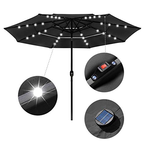 MAQIANFAA 10ft Patio Umbrella Table Market Umbrella Outdoor Sunbrella Solar Powered LED Lighted Umbrellas with Tilt Button and Rotating Crank Lever for Patio, Garden, Backyard and Pool Black