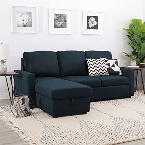 Abbyson Living Fabric Upholstered Reversible Chaise and Storage Sofa Bed Sectional, Navy Blue