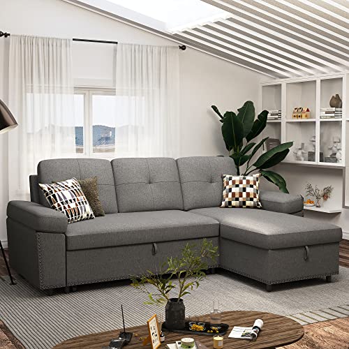 HONBAY Reversible Sleeper Sectional Sofa Couch Pull Out Bed Sleeper Sofa L Shape Couch with Storage Chaise,Light Grey