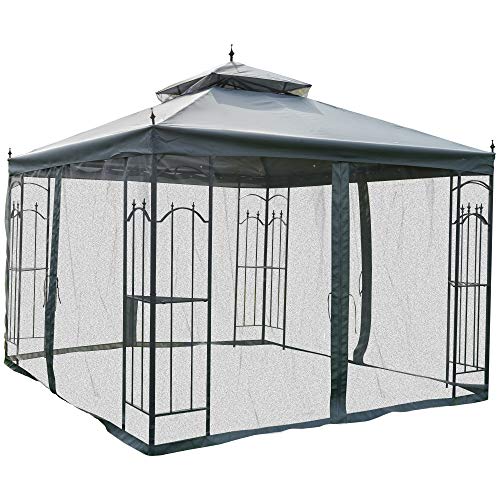 Outsunny 10' x 10' Steel Outdoor Patio Gazebo Canopy with Removable Mesh Curtains, Display Shelves, & Steel Frame, Grey