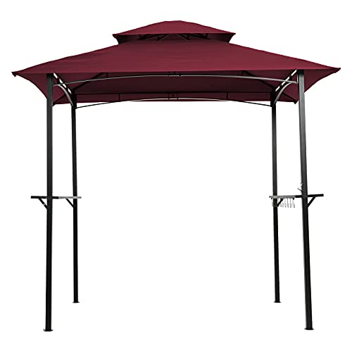 Outdoor Grill Gazebo 8 x 5 Ft, Shelter Tent, Double Tier Soft Top Canopy and Steel Frame with Hook and Bar Counters，Red Wine