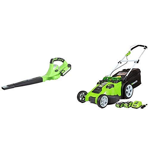 Greenworks 40V 150 MPH Cordless Sweeper, 4.0 AH Battery Included 24212 with 20-Inch 40V Twin Force Cordless Lawn Mower, 4.0 AH & 2.0 AH Batteries Included 25302