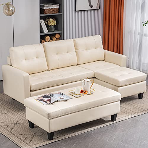 L-Shaped Leather Corner Sofa Disassembly, Adjustable Seactional Couch for Livingroom Furniture Sets Backrest Pull Point, Variable Combination,with 3-seat Large Storage Solid Wood Soft Bag PU,White