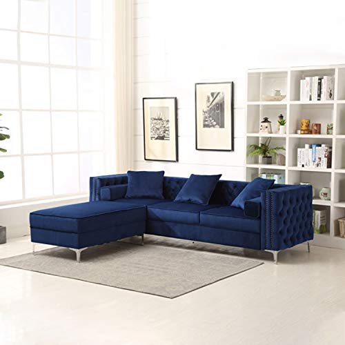Blue Reversible Dutch Velvet 3-Seat Sofa with Movable Chaise Ottoman 3 Cushions and 2 Rectangular Pillows Luxury Sectional Sofa Couch for Living Room Clearance Chaise Furniture Sets