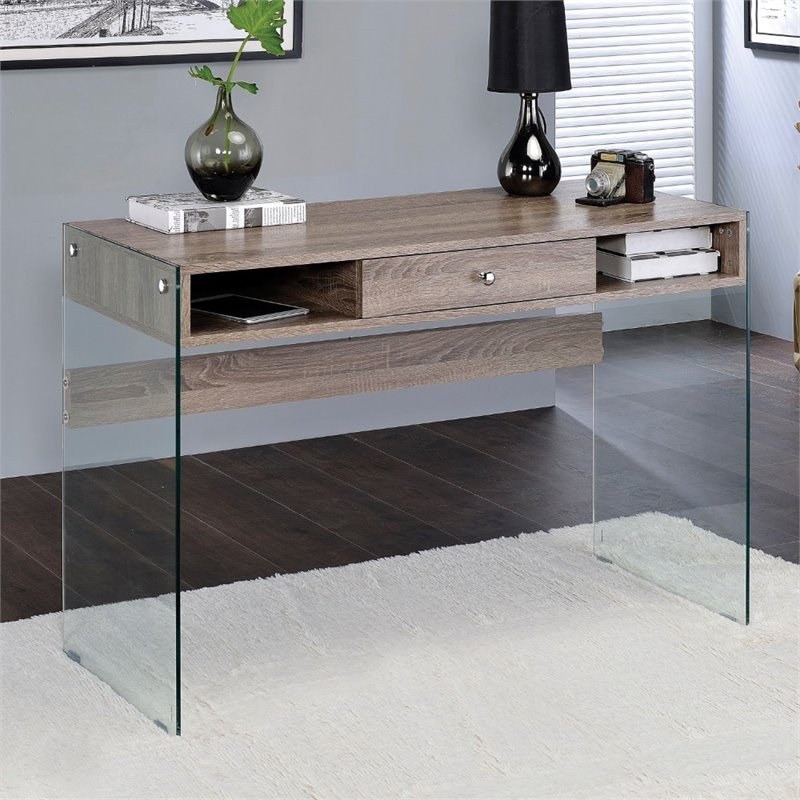 ACME Armon Desk in Clear Glass and Gray Oak