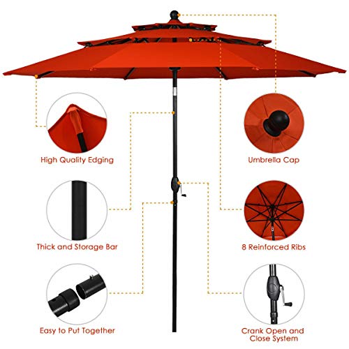 10 Ft 3 Tier Patio Umbrellas & Shade, Aluminum Wind Resistant Shade Umbrella Double Vented without Base-Burgundy
