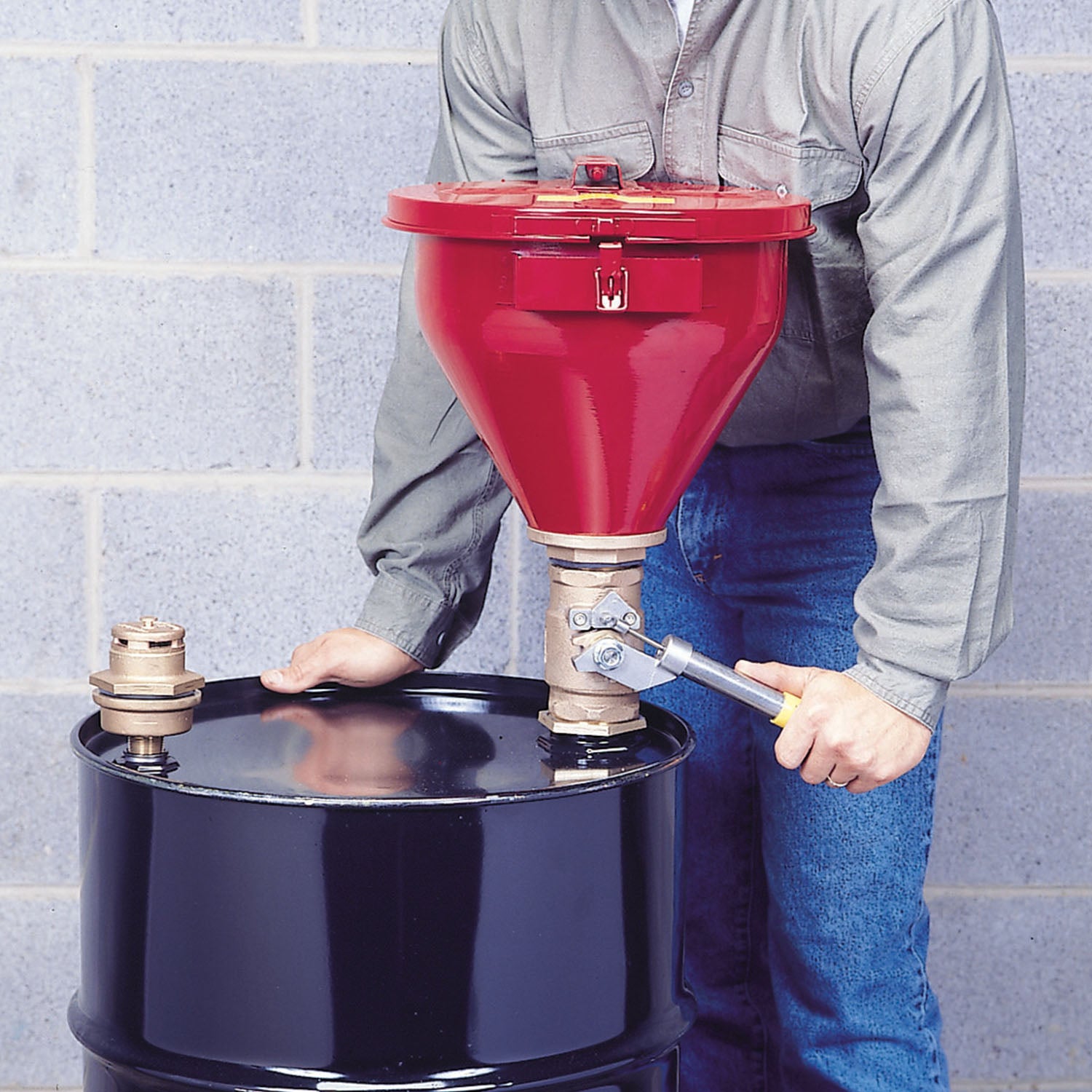 Justrite Steel Drum Funnel #08207, Self-Close Cover, Tip-Over Protection Kit for 2