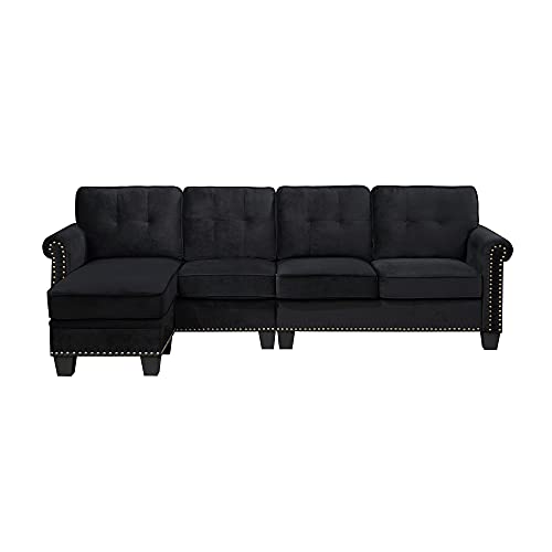LUMISOL Velvet Sofa Couch with Rolled Arm L-Shaped Convertible Sectional Sofa with Ottoman and Nailhead Trim,Black