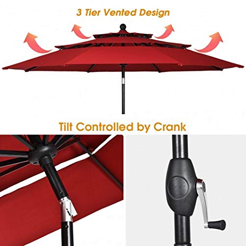 10 Ft 3 Tier Patio Umbrellas & Shade, Aluminum Wind Resistant Shade Umbrella Double Vented without Base-Burgundy