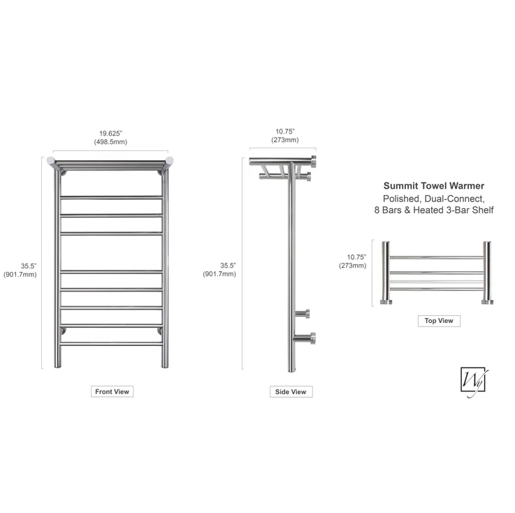 WarmlyYours TW-SUM08PS-HP 8 Bar and 3-Bar Heated Shelf Dual Connection Towel Warmer Polished Steel New