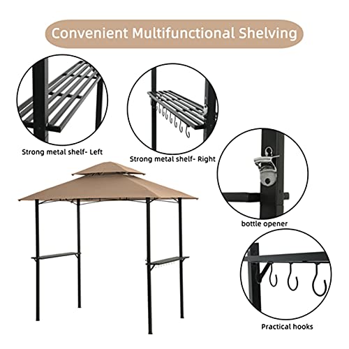 Sunronal Outdoor Grill Gazebo 8 x 5 Ft, Shelter Tent, Double Tier Soft Top Canopy and Steel Frame with Hook and Bar Counters, Khaki