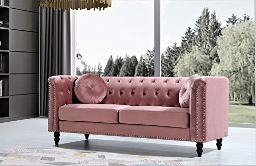 US Pride Furniture Modern Style High Density Foam 75.98'' Wide Rose Velvet Rolled Arm 2 Seater Chesterfield Living Room Removable Cushion & Solid Wood Legs (S5608-5613) Sofas